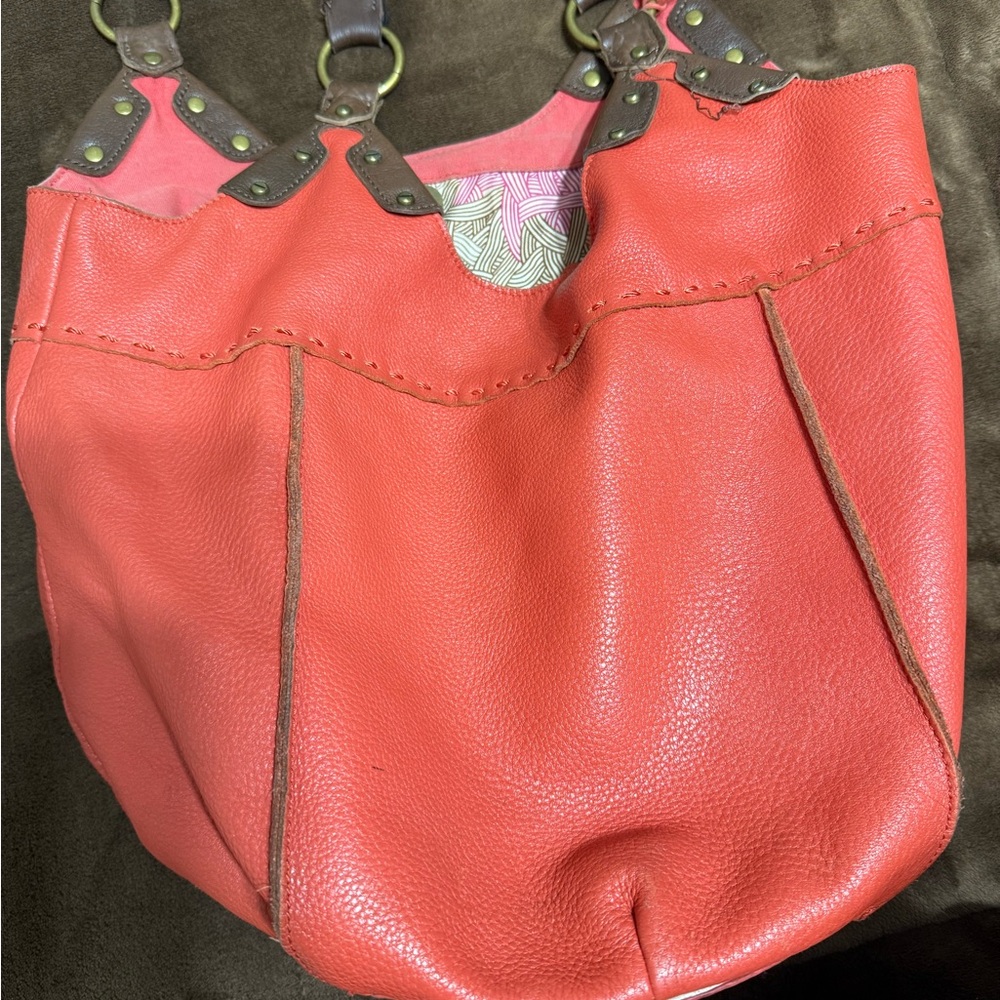 Dark Coral Hobo Bag with Leather Handles - Picture 4 of 11